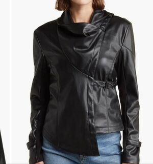 Ookie& Lala Supersoft Drape Faux Leather Moto Jacket in Olive green